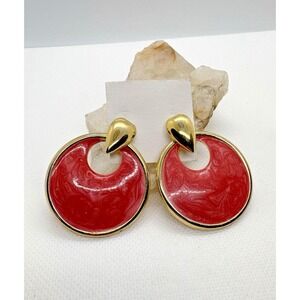 Vintage Salmon Pink Swirl Enamel Gold Tone Hoop Drop Earrings Statement 80s 90s